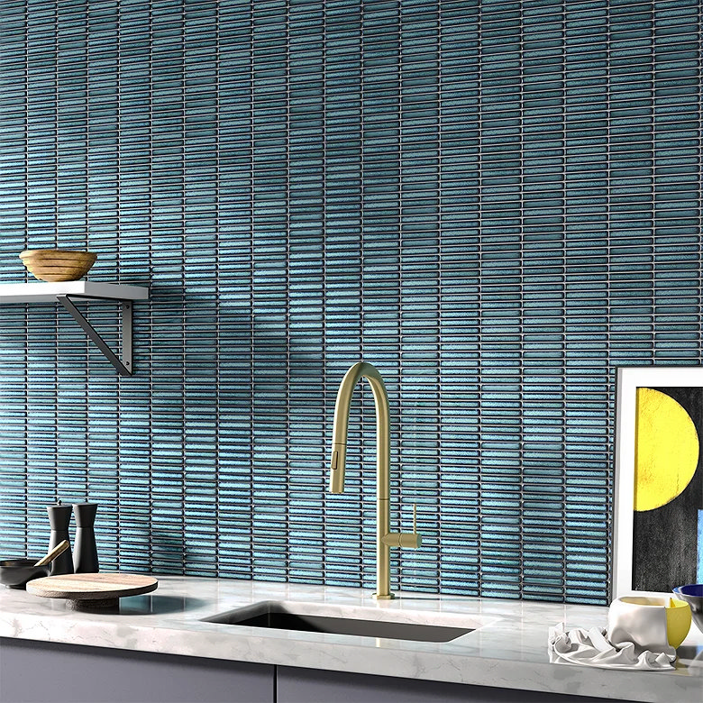 Muted blue kit kat tiles with textured kitchen splashback.