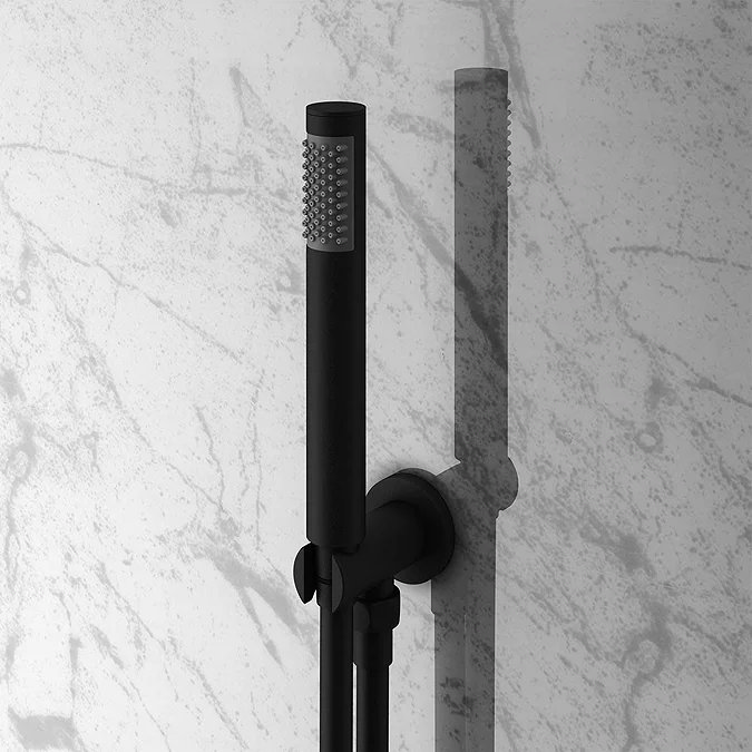 Minimalist black shower handset mounted on a sleek marble-effect wall, creating a modern contrast between the matte black fixture and the white marble background. A perfect blend of simplicity and elegance in a contemporary wet room design.