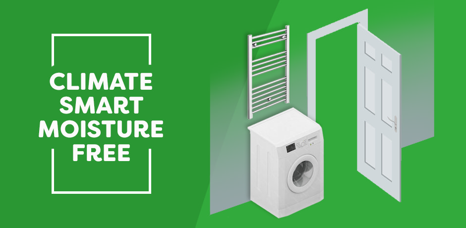 Diagram showing a towel radiator mounted above a washing machine with an open door nearby, titled “Climate Smart Moisture Free,” highlighting smart radiator placement in utility rooms to reduce condensation and improve airflow.
