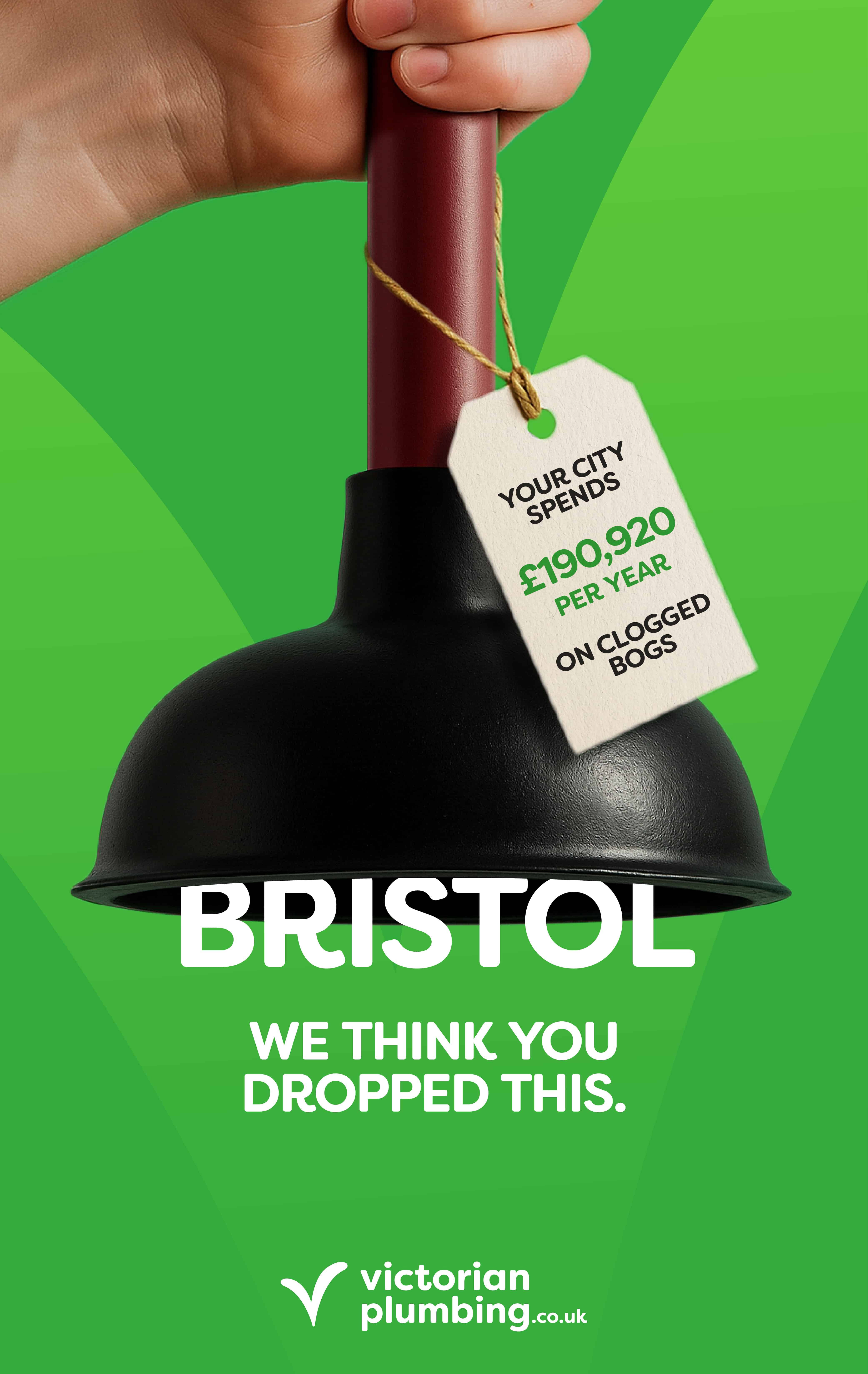 Graphic of upturned plunger labelled ‘Bristol spends £190,920 a year on clogged bogs’ against bright green background.