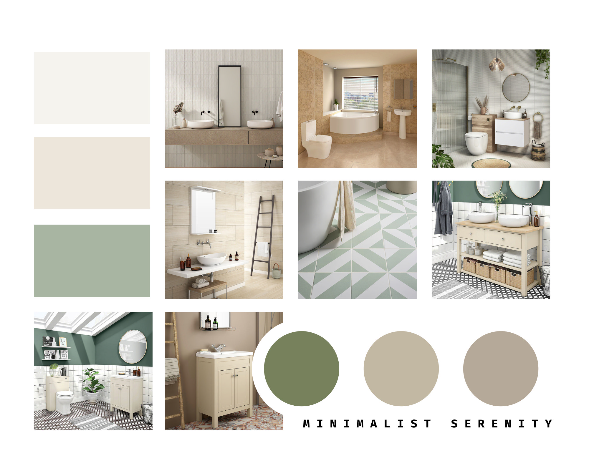 Soft, nature-inspired bathroom colour palette featuring off-white walls, muted sand tones, and sage green accents for a calm and minimalist aesthetic.