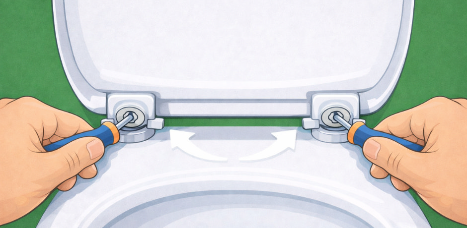 Evenly tightening both toilet seat hinge bolts with screwdrivers to keep the seat level