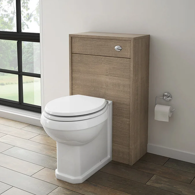 Modern back-to-wall toilet unit with wood-effect cabinet and white seat