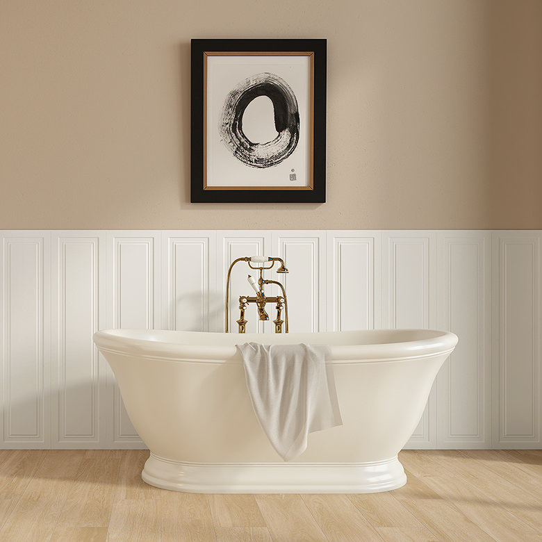 Half tiled bathroom with white shaker-style wall tiles at half height and painted walls above