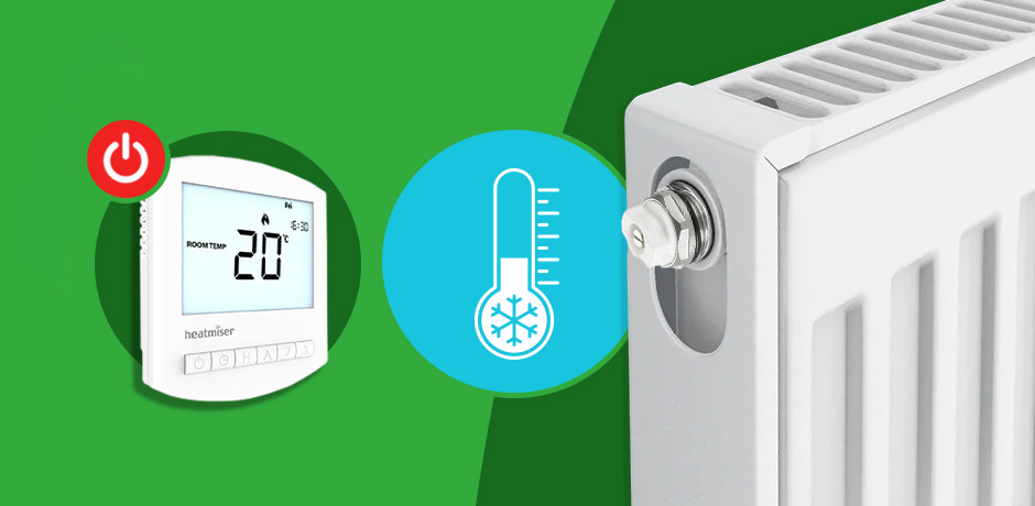 Illustration showing how to turn off the heating and allow the radiator to cool before bleeding, with thermostat and radiator valve icons for visual guidance.