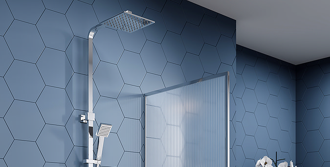 Chrome thermostatic shower with rainfall head and handheld attachment against blue hexagonal tiles