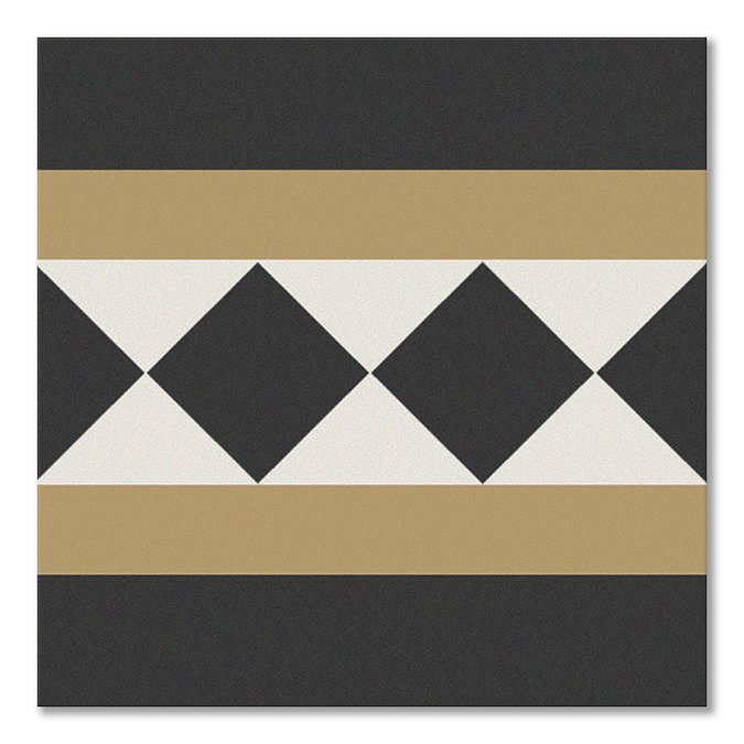 Geometric tile design featuring a pattern of black, white, and gold diamonds and stripes, ideal for modern and vintage-inspired bathroom and kitchen floors.