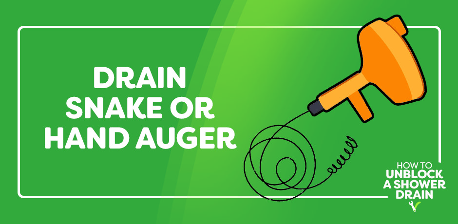 Orange hand‑held drain snake (manual auger) with coiled steel cable, illustrating a tool for clearing stubborn shower‑drain clogs.