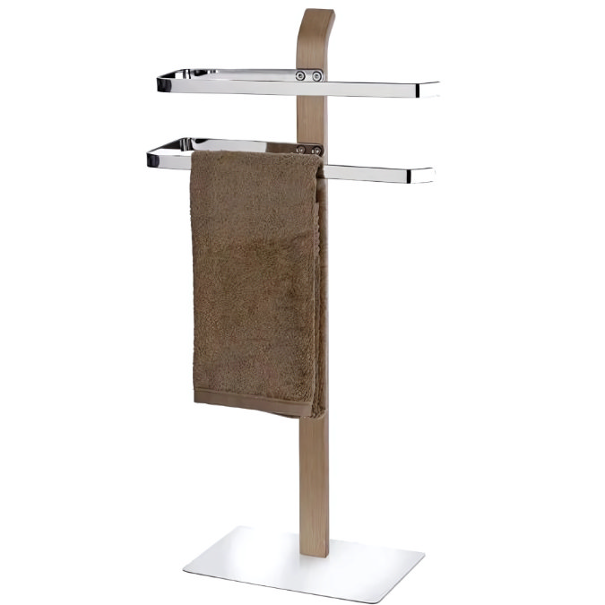 Freestanding chrome towel stand with two bars holding a white folded towel