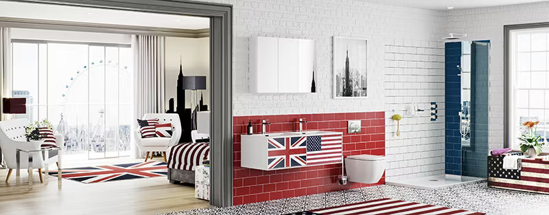 Modern his-and-hers shared bathroom with a Union Jack theme, featuring red and white subway tiles, a walk-in shower with blue tiles, and a bedroom in the background decorated with London skyline prints and British flag accents.