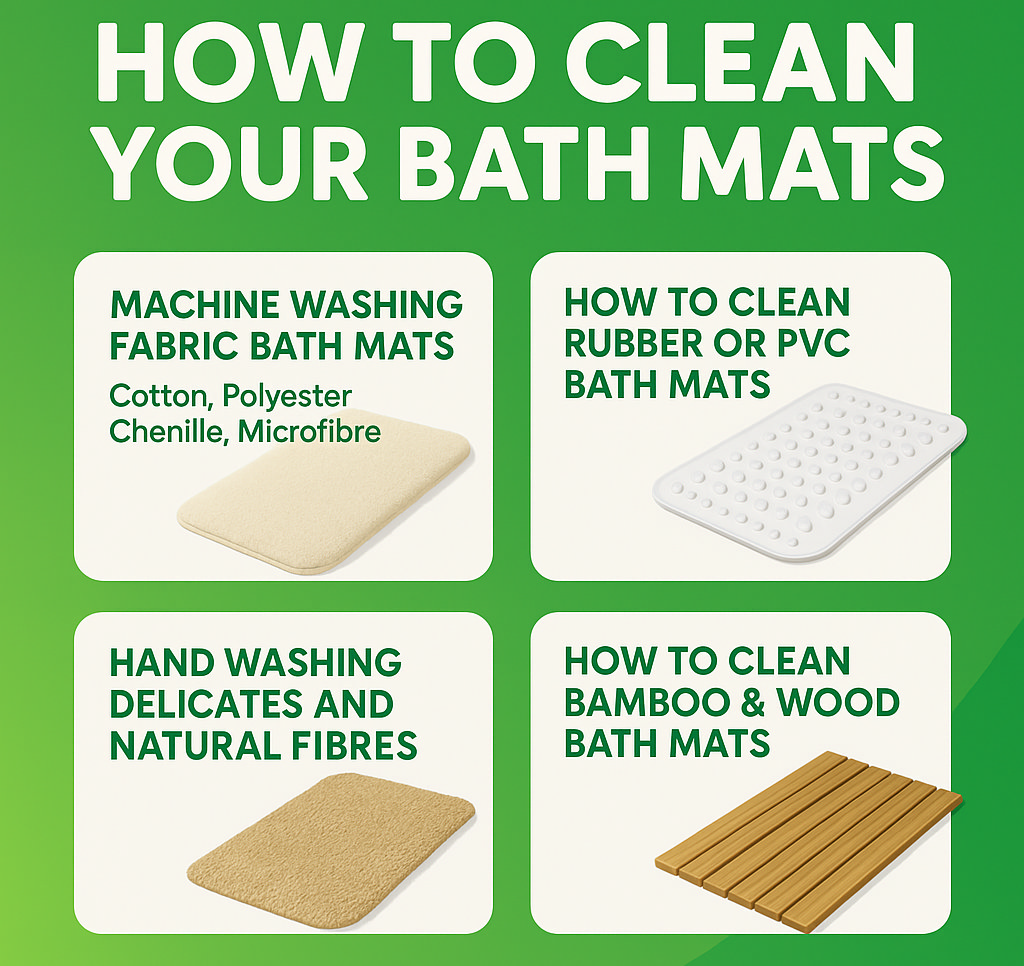 Infographic titled “How to Clean Your Bath Mats” showing cleaning methods for fabric, rubber, PVC, bamboo, wood, and delicate fibre bath mats with illustrated examples.