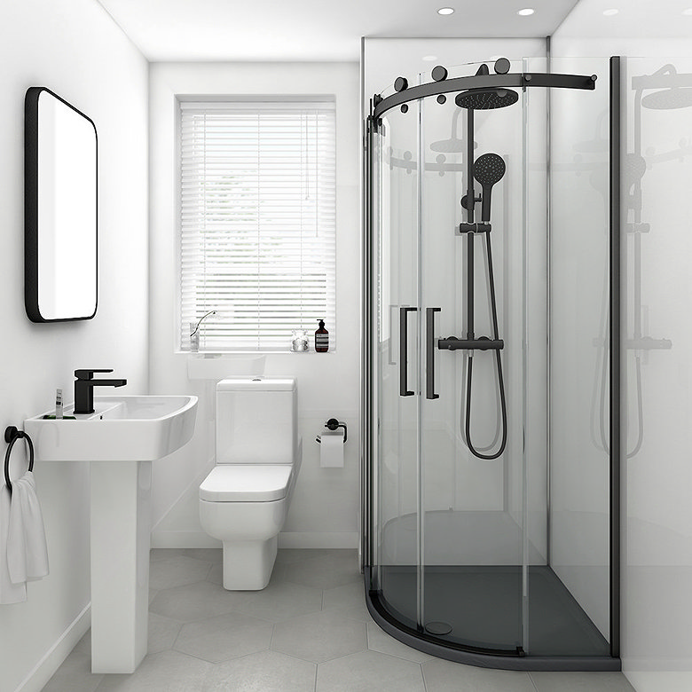 Bright modern bathroom with walk in shower, toilet and sink after a quick clean