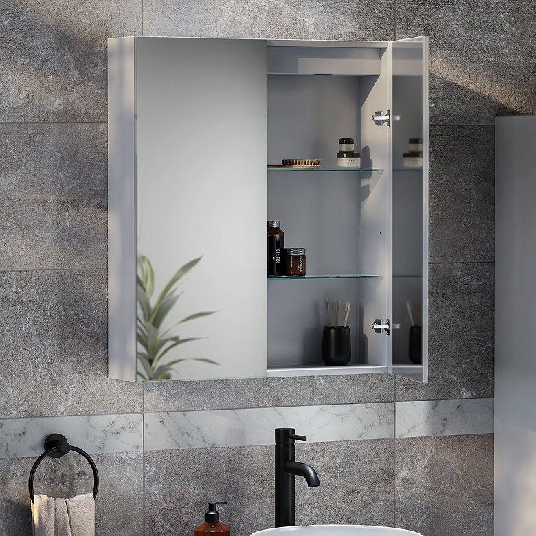 Mirrored bathroom cabinet with internal shelving, showing hidden storage for a clutter-free modern bathroom
