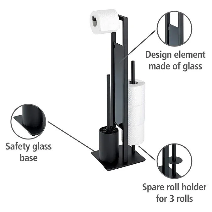 Modern black freestanding toilet roll holder with integrated toilet brush, safety glass base, and spare holder for 3 extra rolls, featuring a sleek glass design element.