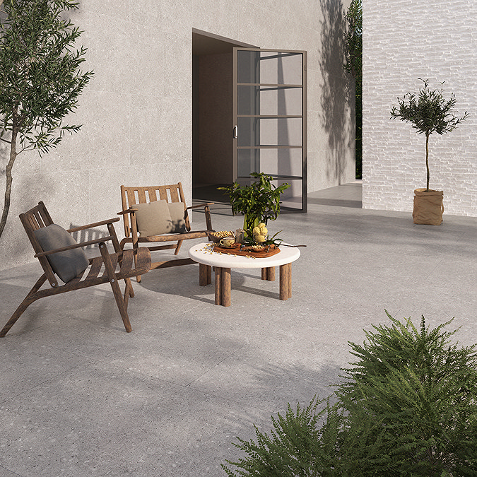 Calla Grey 60x90 porcelain patio tiles on a modern outdoor seating area