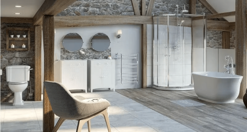 Rustic bathroom with stone wall tiles, copper basin, and minimalist decor