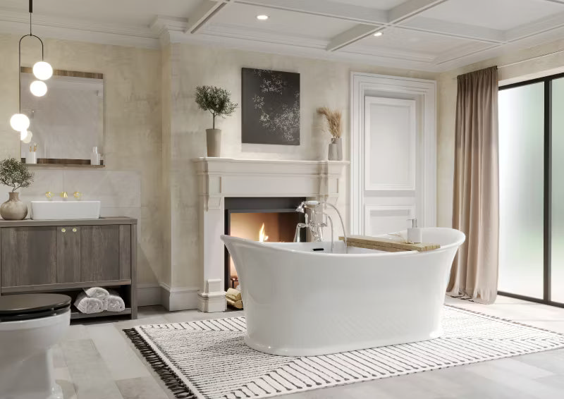 Elegant Quiet Luxury bathroom featuring a freestanding slipper bath, neutral tones, and fireplace. Minimalist design with wood vanity, soft lighting, and natural decor accents for a tranquil, high-end retreat.