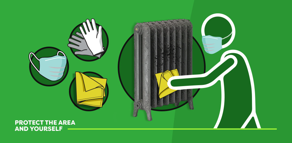 Protect yourself while cleaning a radiator with gloves, mask, and cloth