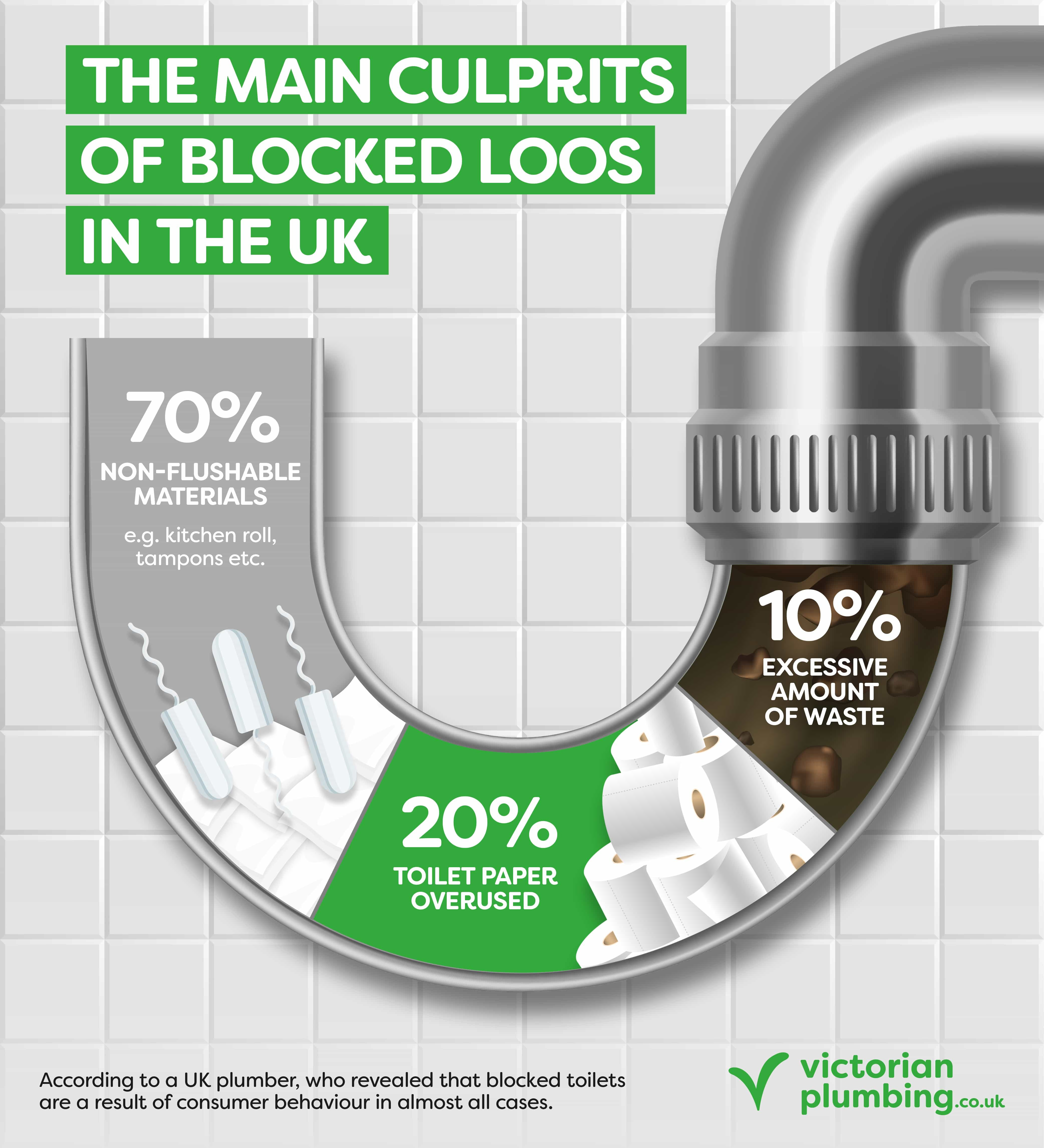 Infographic illustrating UK blocked-loo causes: 70% non-flushable items, 20% toilet-paper overuse, 10% excess waste inside pipe graphic.