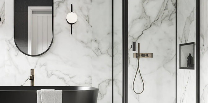 Modern bathroom with luxurious marble-effect walls, a sleek black freestanding bathtub, and a minimalist glass shower enclosure for a sophisticated, high-end look.