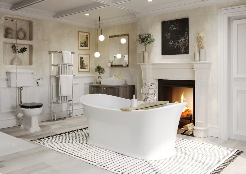 Elegant Quiet Luxury bathroom with a freestanding slipper bath, fireplace, and modern chrome fixtures, creating a tranquil and sophisticated retreat.