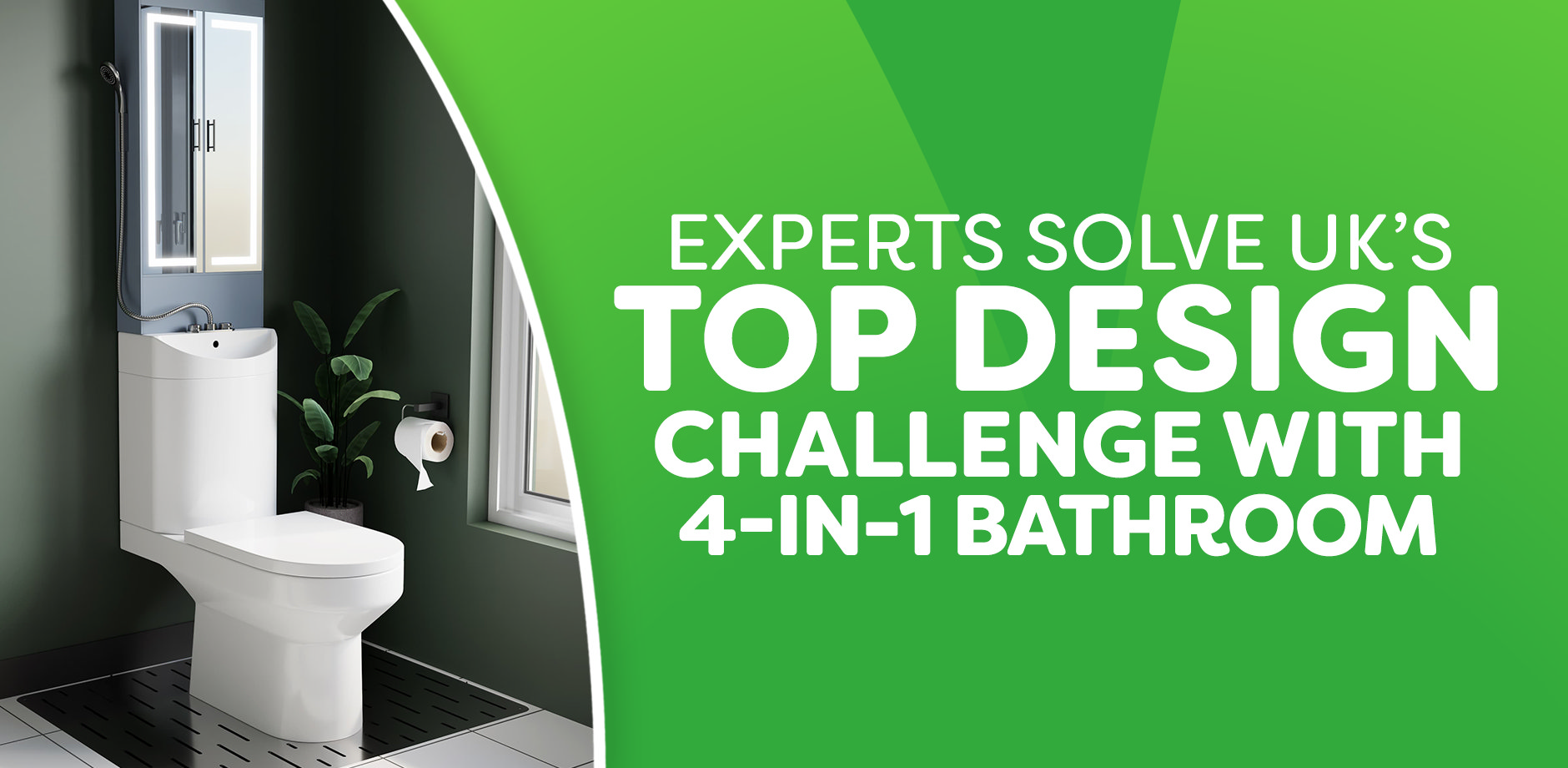 Compact 4-in-1 bathroom design featuring a toilet, sink, storage mirror, and shower attachment.