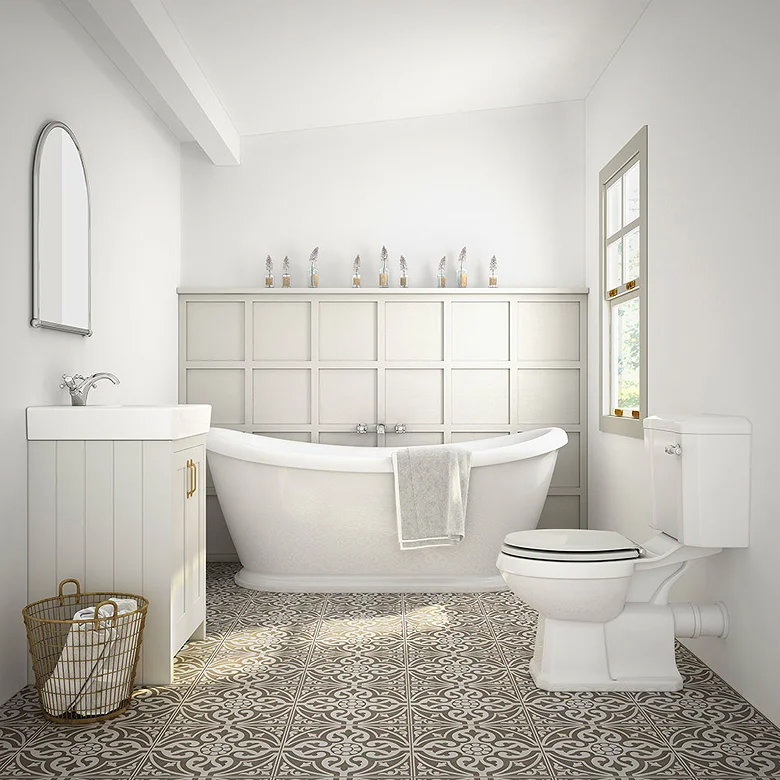 Half tiled bathroom with classic panelled walls at half height and patterned floor tiles