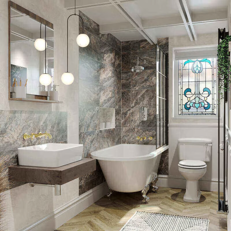 Elegant bathroom with freestanding clawfoot bath, gold fixtures, marble-effect walls, stained glass window, and warm wood vanity for a luxurious, classic look.