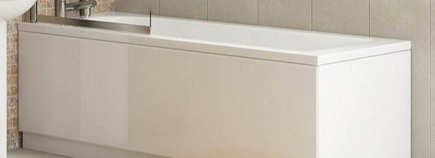 White gloss MDF bath panel with a matching plinth, fitted to a modern straight bath for a clean and seamless finish.