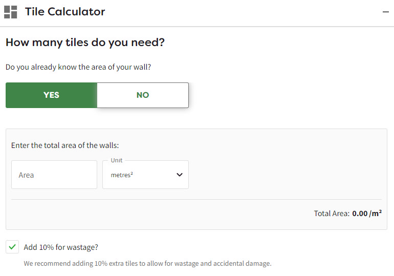 Tile calculator tool helping users estimate how many tiles they need based on the total wall area, with an option to account for 10% extra to cover wastage and accidental damage.