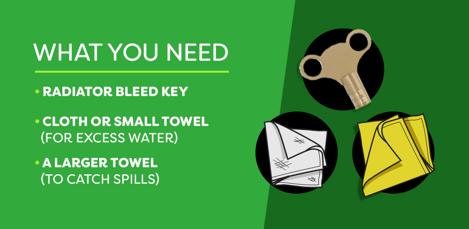 Illustration showing the tools needed to bleed a radiator: a radiator bleed key, a cloth or small towel for excess water, and a larger towel to catch spills.