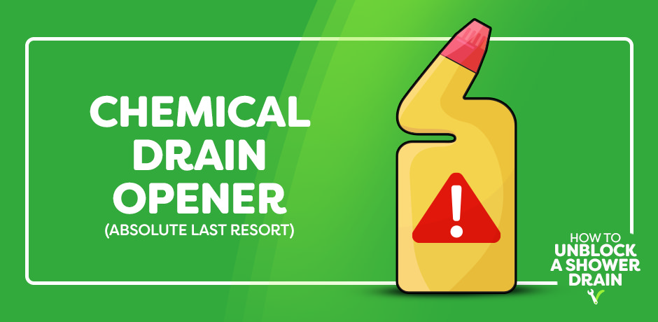 Yellow chemical drain‑opener bottle with red hazard symbol representing the last‑resort method for unblocking a clogged shower drain.