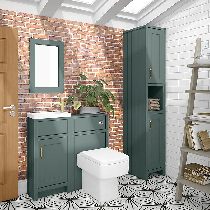 Modern bathroom with green vanity units, brick feature wall, and patterned floor tiles