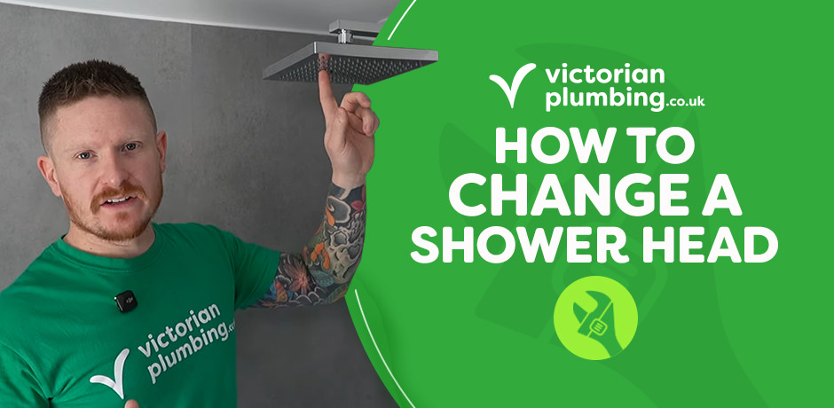 Close-up image of a sleek modern shower head in use, showing water flowing down from the head, illustrating the easy DIY steps for changing a shower head.