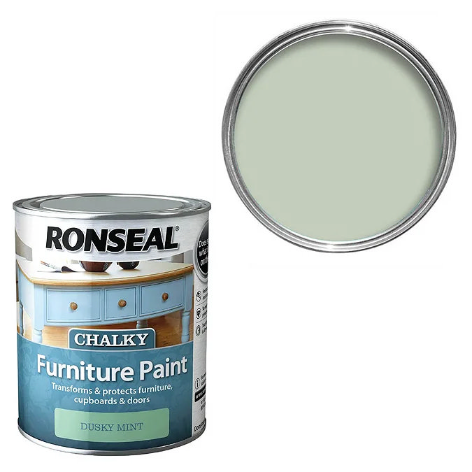 Ronseal Chalky Furniture Paint in Dusky Mint, shown in a tin with a soft green shade sample, designed for transforming and protecting furniture, cupboards, and doors with a smooth, chalky finish.