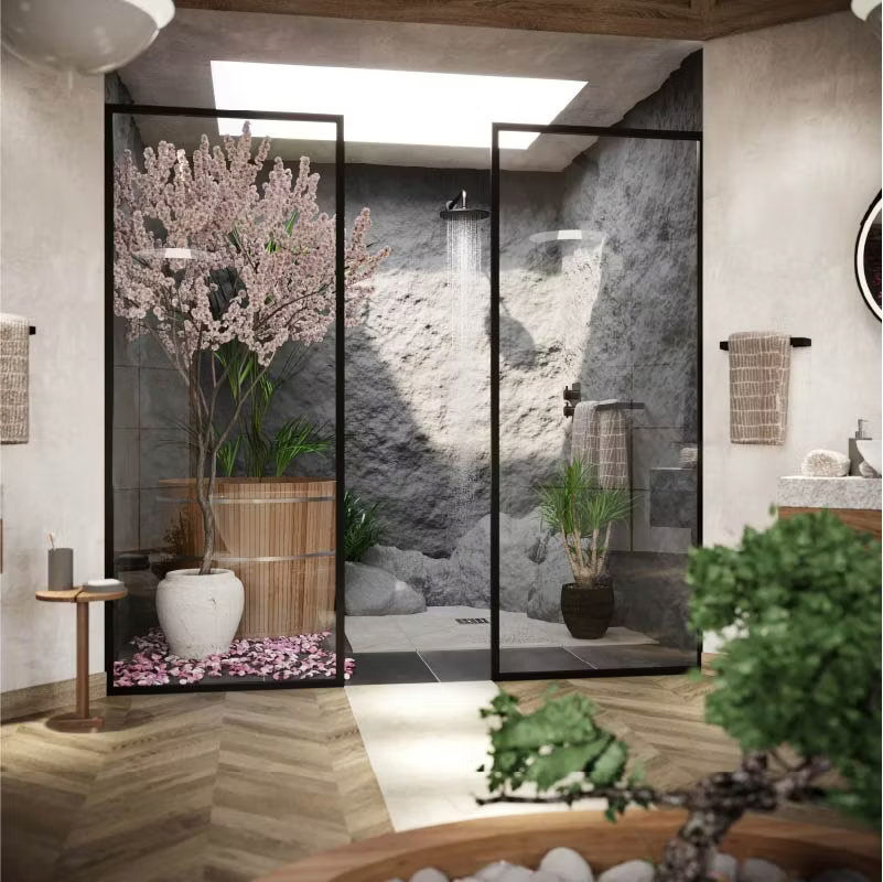 Zen-inspired Japandi bathroom with a stunning indoor shower garden, featuring cherry blossom trees, a natural stone wall, and wooden soaking tub. Glass doors and skylight enhance the serene atmosphere, blending minimalist Scandinavian design with traditional Japanese tranquility.