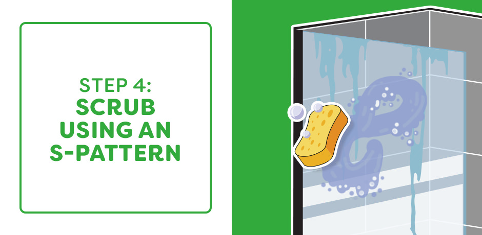 Scrubbing soap scum from shower tiles using a sponge in an S pattern