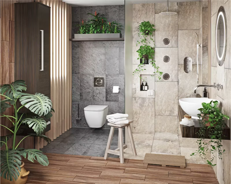 Stylish modern bathroom with indoor plants including a Monstera and hanging greenery, enhancing the spa-like atmosphere with natural wood elements and stone textures.