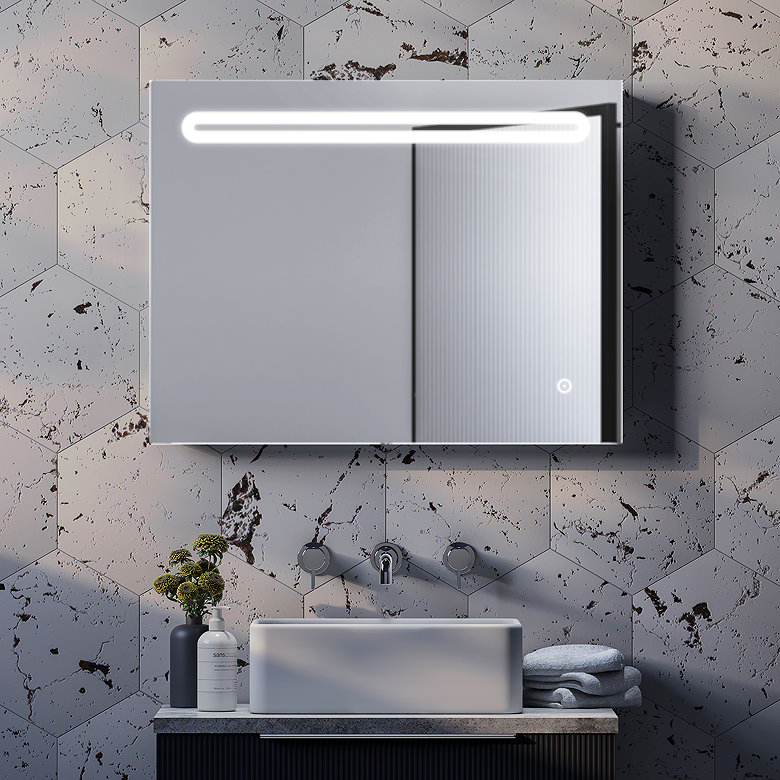 LED illuminated heated bathroom mirror cabinet with anti-fog demister above basin