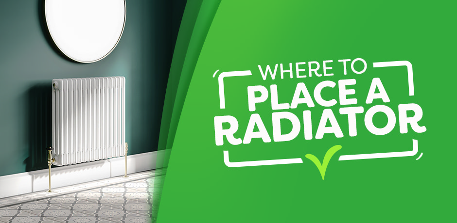 Illustration of a traditional column radiator placed under a wall mirror in a stylish green living space, alongside bold graphic text reading “Where to Place a Radiator.”