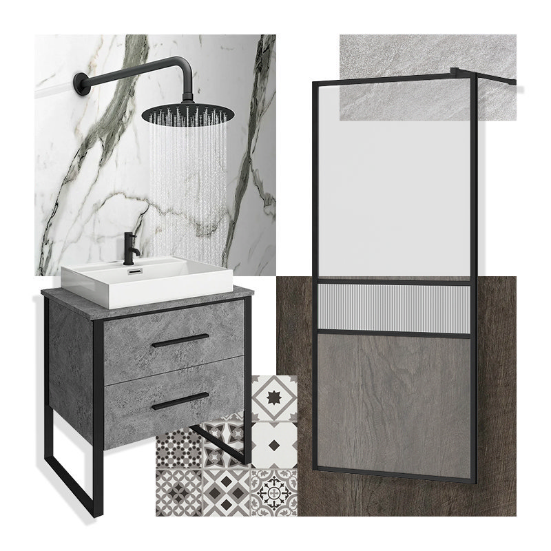 Soft Industrial bathroom mood board featuring a black-framed wet room screen, marble-effect wall tiles, matte black rain shower, grey vanity unit with black handles, and patterned encaustic floor tiles for a modern industrial look with softer elements.