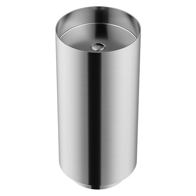 Minimalist stainless steel cylindrical freestanding basin with a brushed finish, showcasing modern design and sleek contours for contemporary bathroom spaces.