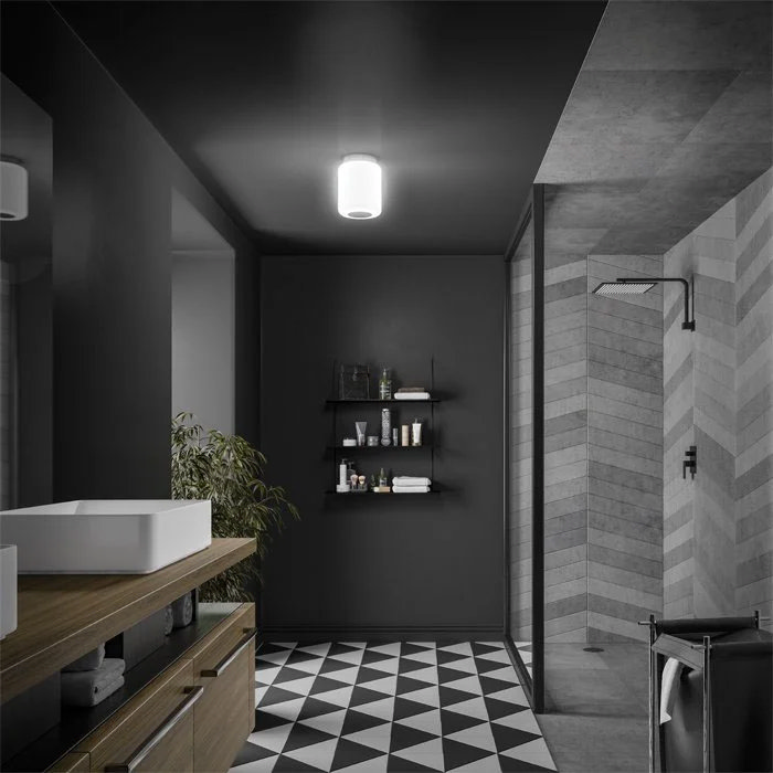 Modern bathroom with a blue-lit ceiling Bluetooth speaker light, sleek black shelving, and a walk-in shower with contemporary fixtures, creating a calming ambiance.