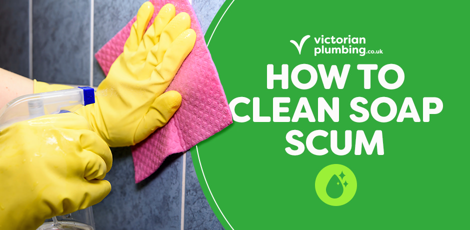 Cleaning soap scum from bathroom wall tiles using a cloth and spray cleaner