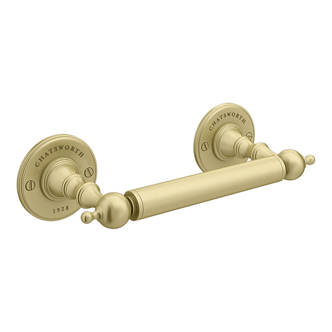 Brushed gold traditional toilet roll holder with Chatsworth branding