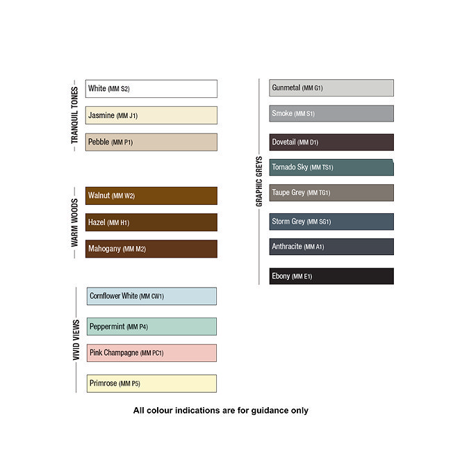 Grout colour guide displaying a variety of shades, from tranquil tones like Jasmine and Pebble, to warm woods like Walnut and Mahogany, vivid hues such as Pink Champagne and Primrose, and graphic greys like Gunmetal and Storm Grey.