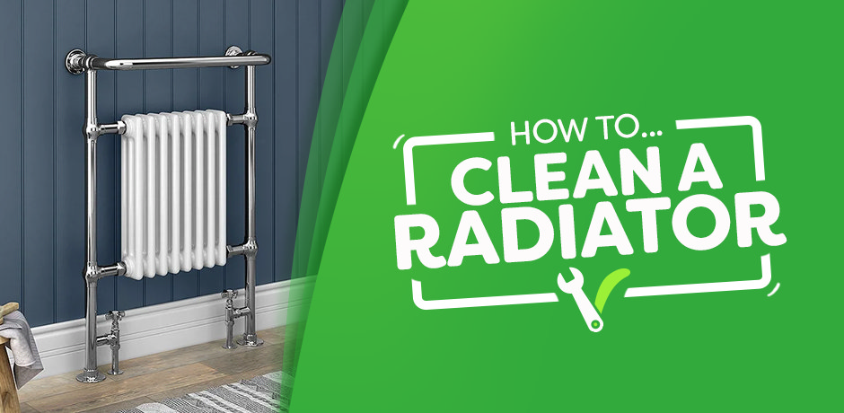 How to clean a radiator guide with image of a chrome towel radiator against a blue wall