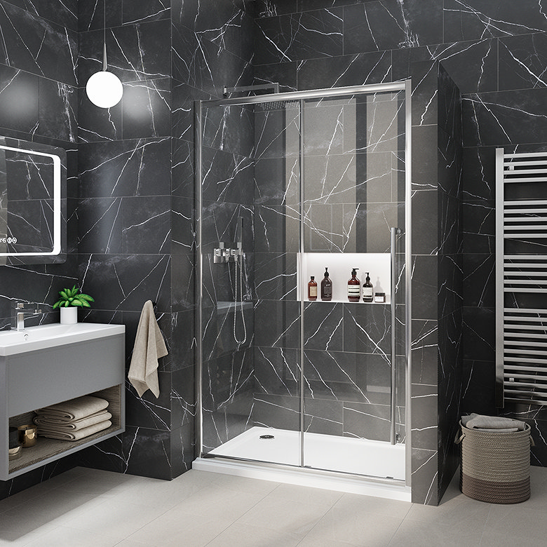 Modern bathroom with black marble wall tiles and glass shower enclosure.