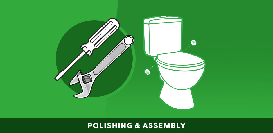 Illustration of tools used for polishing and assembling a toilet after firing.