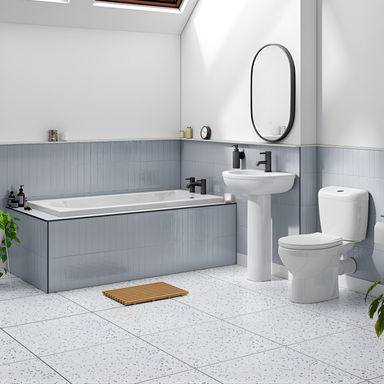 Half tiled bathroom with mid-tone blue wall tiles at half height and terrazzo floor tiles